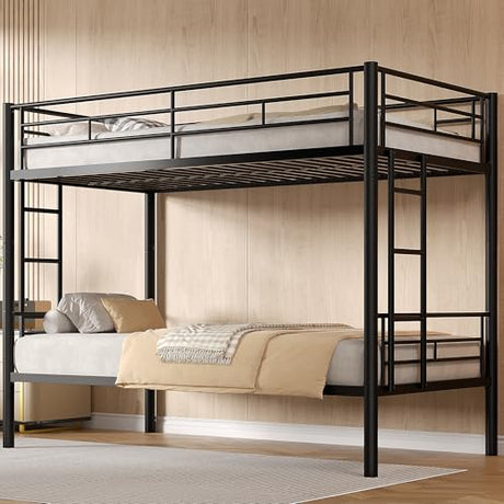 VECELO Bunk Bed Twin Over Twin, Metal Bunkbeds with Ladder and Full-Length Guardrail, No Box Spring Needed, Space Saving, Noise Free, Black VECELO