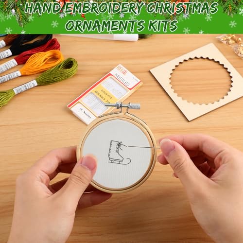 14 PCS Hand Embroidery Christmas Ornaments Kit, Christmas Embroidery Kit with DIY Material Package, 3D Novice Embroidery Needlepoint Starter Kit with Easy Patterns & Instructions (Red)