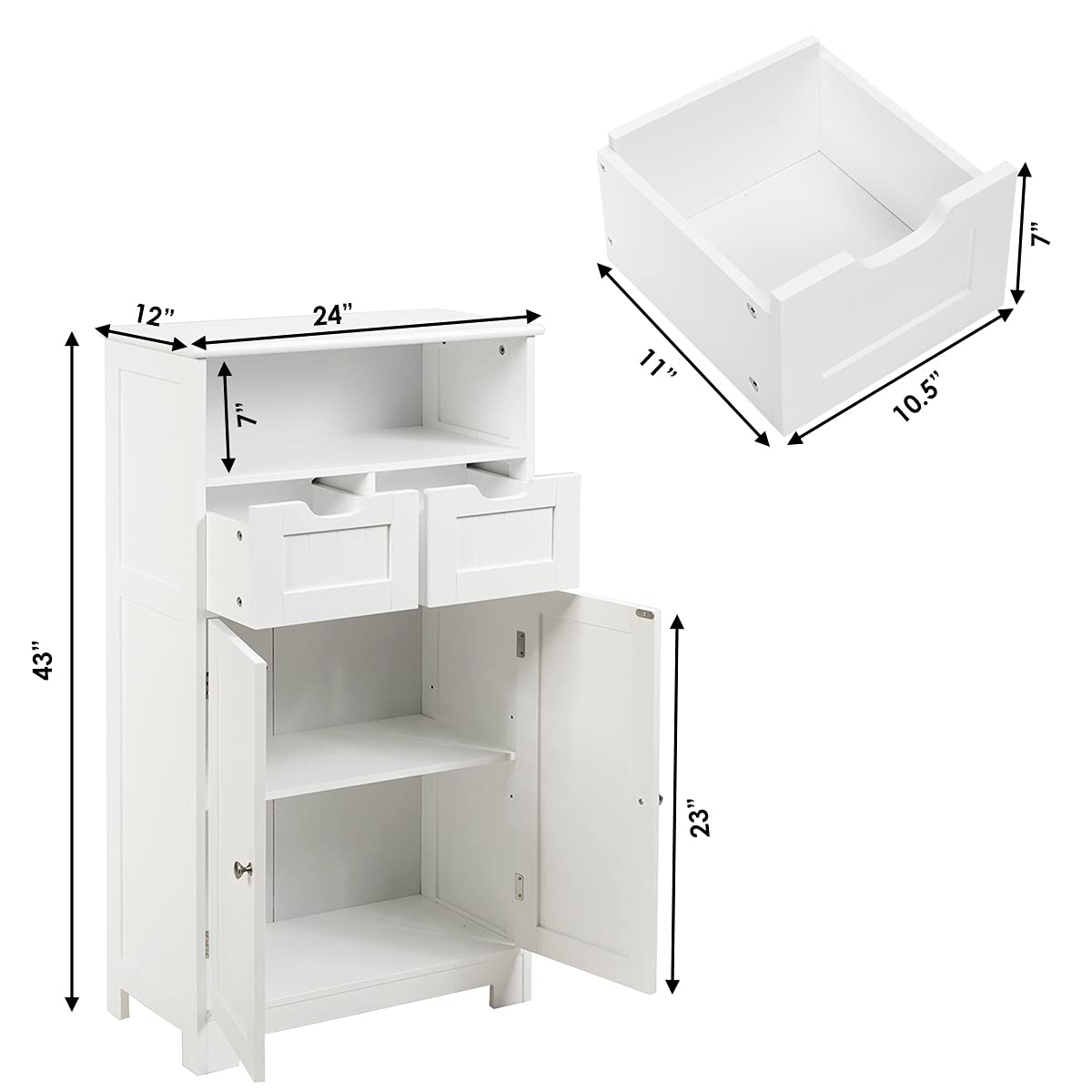 Tangkula Bathroom Floor Cabinet, Storage Cabinet w/Open Shelf, 2 Doors & 2 Adjustable Drawers, Standing Cupboard for Kitchen, Bathroom Cabinet for Living Room Home Office (White) - WoodArtSupply