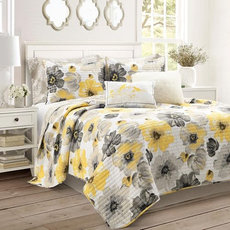 Lush Decor Leah Reversible Floral Quilt Set, 8 Piece Set, Full/ Queen, Yellow & Gray - Charming Floral Bedding Set With Pillow Cases, Decorative Throw Pillows & Bed Skirt- Large Watercolor Flowers Lush Decor