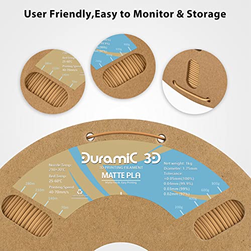 DURAMIC 3D Matte PLA Filament 1.75mm Wood, 1kg Cardboard Spool Matte Finish 3D Printer Filament PLA 1.75mm Dimensional Accuracy 99% +/- 0.03 mm, Printing with FDM 3D Printer, Easy to Remove S - WoodArtSupply