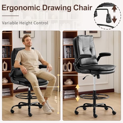 Karl home Drafting Chair Height Adjustable for Standing Desk, PU Upholstered Tall Office Swivel Desk Chair with Flip-Up Armrests, Ergonomic Lumbar Support, Adjustable Foot Ring, Black Karl home