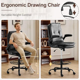 Karl home Drafting Chair Height Adjustable for Standing Desk, PU Upholstered Tall Office Swivel Desk Chair with Flip-Up Armrests, Ergonomic Lumbar Support, Adjustable Foot Ring, Black Karl home