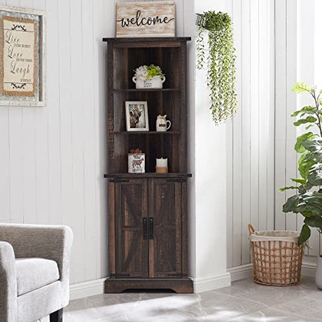 OKD Tall Corner Cabinet, Farmhouse Storage Cabinet with Barn Door Design & Adjustable Shelves, Home Space Saver for Bathroom, Living Room, Dark OKD