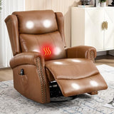 Genuine Leather Recliner Chair for Adults, Manual Swivel Rocker Glider Rocking Chair with Vibration Massage Lumbar Heat for Nursery, Rivet Design Single Sofa Chair for Living Room - Brown