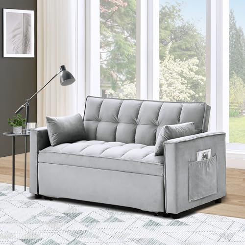 MilleLoom 3 in 1 Convertible Sleeper Sofa Bed, Futon Sofa Bed, Pull Out Loveseat Sleeper with Adjustable Backrest, Storage Pockets with 2 Pillows for Living Room Bedroom