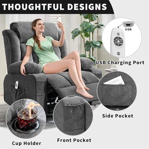 GarveeLife Rocking Recliner Chair for Nursery Glider Recliner with Cup Holder Swivel Rocker with Upholstered Deep Seat Comfy Single Sofa for Living Room Grey