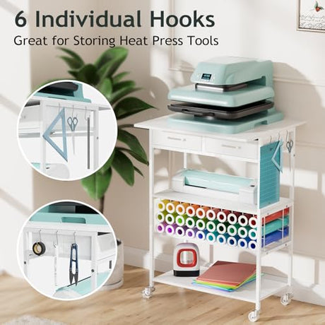 Homsorout Movable Heat Press Table - Heat Transfer Machine Stand Compatible for Cricut, Vinyl Roll Holder, Rolling Metal Wood Sublimation Printer Organizer for T Shirt Maker Craft, 23.6''×19.6'' Homsorout