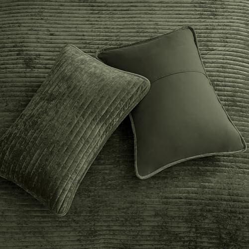 PHF Luxury Velvet Quilt Set Twin Size – 2PCS Ultra Soft Quilted Comforter Alternative with Striped Channel, Cozy Quilted Bedspread, 1 Coverlet with 1 Matching Sham, 68" x 92", Smokey Olive PHF