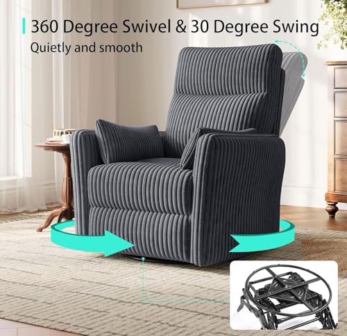 LINSY 360 Swivel Recliner Chair, Nursery Glider Rocking Chair with 2 Pillows, Corduroy Nursing Chair Comfy High Back Adult Rocker Recliner for Small Spaces, Nursery Bedroom Living Room (Gray)