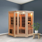 Heat Wave 3 Person Sauna Corner Fitting Infrared FIR FAR 7 Carbon Heaters Hemlock Wood MP3 Player 2 Speakers Color Therapy Light LED Control Panel Heat Wave