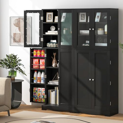 Giantex Pantry Organizers and Storage, 63.5” Tall Kitchen Cabinet, Food Buffet Cupboard with Glass Doors, Shelves with Baffle, Wooden Freestanding