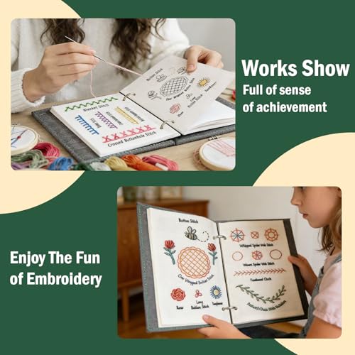 Kenburg Beginners Embroidery Stitch Book, DIY Needlepoint Kits Comes with a Complete Tool Kit, Instructional Tutorial and 6x8 Inch Removable Practice Patterns, Gifts for Craft Lovers, Mom, Women