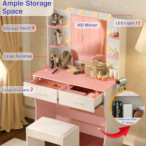 ‌FDW Vanity Desk with Mirror and Lights, 2-Drawer Makeup Vanity Desk with 3 Adjustable Light Colors, 6 Shelves and Power Outlets for Bedroom, White FDW