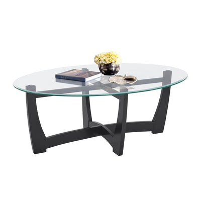 LKTART 48" Oval Glass Coffee Table with Tempered Glass Top Cross and Solid Wood Base Simple & Modern Center Table for Living Room Office Apartment Black