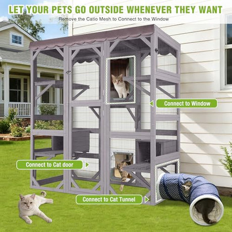GUTINNEEN Catio Outdoor Cat Enclosure 70" Large Wooden Cat House Walk-in Cat Cage Kitty Shlter Playpen with 7 Platforms, 2 Resting Boxes, Waterproof Cover for 2-6 Cats (Grey) GUTINNEEN