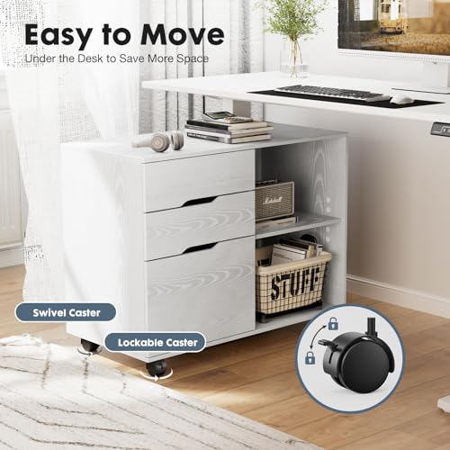 DUMOS Lateral File Cabinet with 3 Drawers Rolling Filing Cabinets Under Desk Storage Printer Stand Wood Organizer with Wheels Adjustable Shelf for Office Home Small Space, White