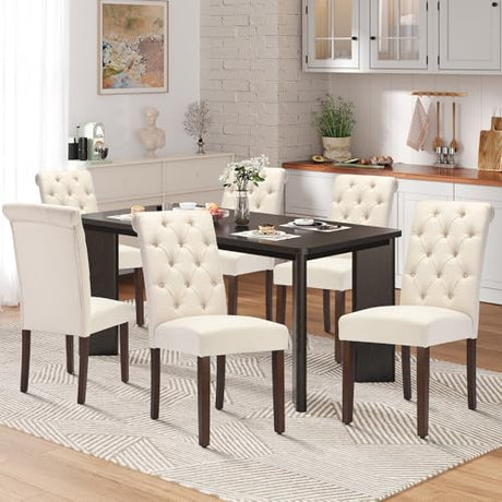 MALOL 7-Piece Rectangular Dining Table Set for 6, 63" Industrial Kitchen Table with 6 Tufted Parsons Dinner Chairs for Dining Room, Kitchen, Living Room, Black+Beige MALOL