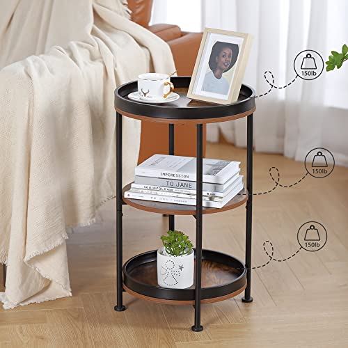 Dulcii Side Table, Round End Table with 3 Storage Shelves for Living Room, Bedroom, Nightstand with Steel Frame for Small Spaces, Industrial Round Sofa Table, Outdoor Accent Coffee Table, Rustic Brown Dulcii