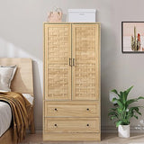 LEVNARY Armoire Wardrobe Closet with 2 Woven Doors, Wardrobe Cabinet with 2 Storage Drawers and Hanging Rail, Freestanding Wooden Closet for Bedroom (Natural) LEVNARY