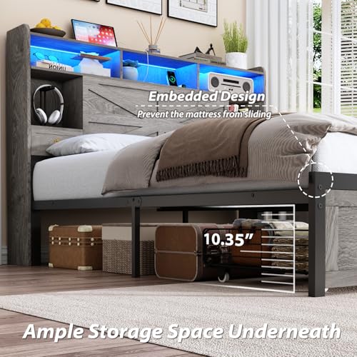 TIGUBFRE Full Bed Frame with Storage Headboard, Farmhouse Wood Bed Frame Full Size with 4 Drawers, LED Light & Charging Station, Metal Slats Support, Noise Free, No Box Spring Needed, Rustic Gray TIGUBFRE