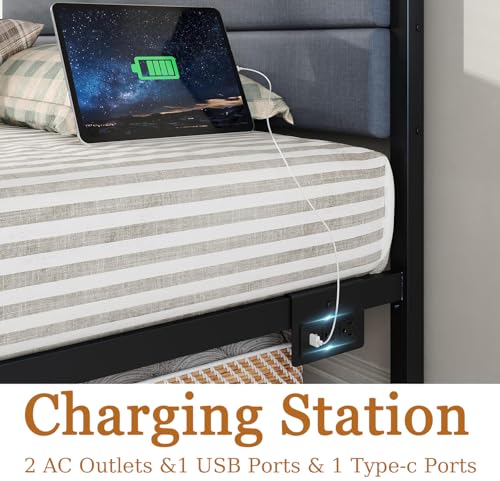 Full Bed Frames with Charging Station, LED Lights Bed with Grey Upholstered Headboard, Under Bed Storage, With Heavy Duty Slats Support, No Box Spring Needed, Noise Free, Easy Assembly, Black CollaredEagle