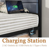 Full Bed Frames with Charging Station, LED Lights Bed with Grey Upholstered Headboard, Under Bed Storage, With Heavy Duty Slats Support, No Box Spring Needed, Noise Free, Easy Assembly, Black CollaredEagle
