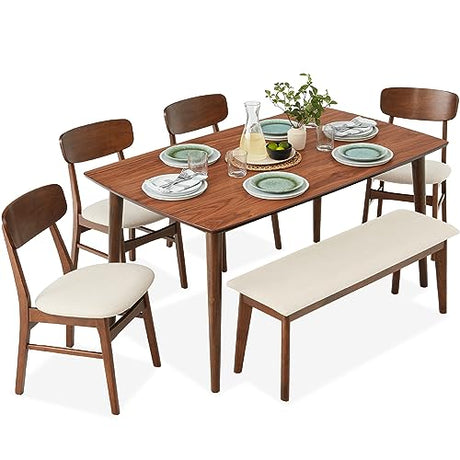 Best Choice Products 6-Piece Wooden Dining Set, Mid-Century Modern Table & Upholstered Chair Set w/Bench Seat, Rubberwood Legs - Walnut/Cream Best Choice Products