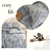 VM VOUGEMARKET Duvet Cover Set King Size Linen Cotton Yarn-Dyed Duvet Cover,Jacquard Garden Floral Pattern Monet Style 3Pieces Bedding Set,Navy Blue VM VOUGEMARKET