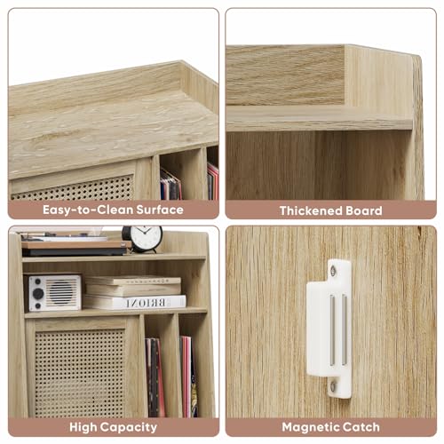 Large Record Player Stand with Open Shelf Storage Cabinet, Vinyl Record Storage Side Table with Rattan Magazine Rack, Turntable Stand Vinyl Record Holder with Solid Wood Legs for Living Room, Bedroom Mino Kesper