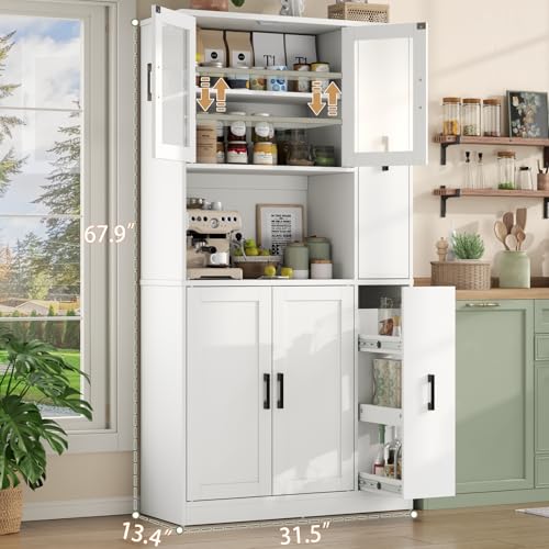 Gyfimoie 68" Tall Kitchen Pantry Cabinet with Side Drawer, Kitchen Pantry Storage Cabinet with Glass Door,Freestanding Food Hutch with Microwave Stand for Dining Room (White) Gyfimoie
