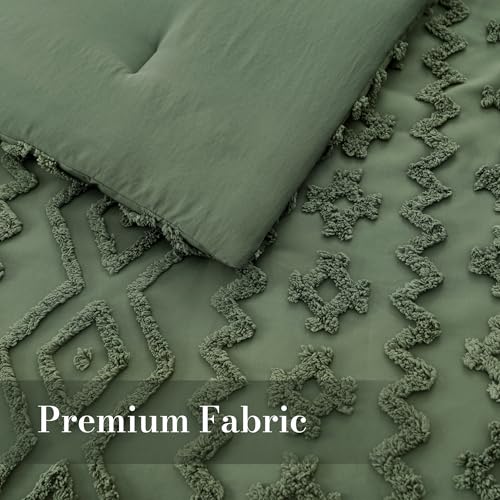 Amélie Home Boho Comforter Set, 2 Piece Bedding Set with 1 Pillow Case, Soft Microfiber Comforter with Hollow Fiber Fill, Lightweight All-Season Comforter for Farmhouse & Modern Bedroom, Twin, Green Amélie Home