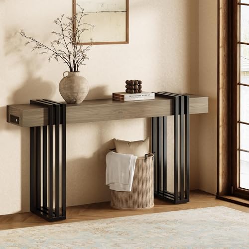 Curlaky 63" Long Console Table for Entryway - Behind Couch Table for Living Room, Wood Sofa Tables with Black Parallel Metal Frame & Power Outlet for Hallway, Entrance, Narrow Foyer, Light Walnut Curlaky
