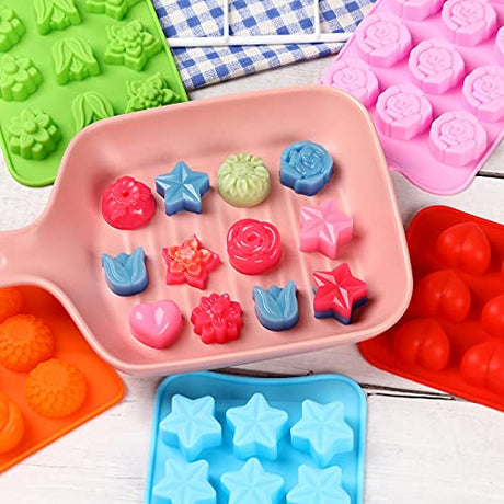 FIRETREESILVERFLOWER Flower Shape Chocolate Candy Molds Set,Heart,The stars,The rose,Flowers in Combination,15 Cavity Silicone Baking Mold Ice Cube Tray-Wedding,Festival,Parties and DIY Crafts-(6Pcs) FIRETREESILVERFLOWER