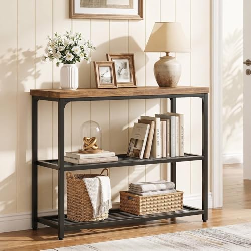 Besiost 32" Small Console Table with Storage, 3-Tier Industrial Narrow Entryway Table with Mesh Shelves, Sofa Table Behind Couch for Hallway Foyer Living Room, Sturdy Metal Frame, Rustic Brown Besiost