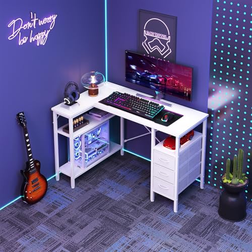DUMOS L Shaped Desk with Shelf Drawers 47 Inch, White Corner Computer Desks Gaming with Power Outlet, Study Table with Adjustable Shelves, Home Office Tables for Bedroom Teacher Reading Writing DUMOS