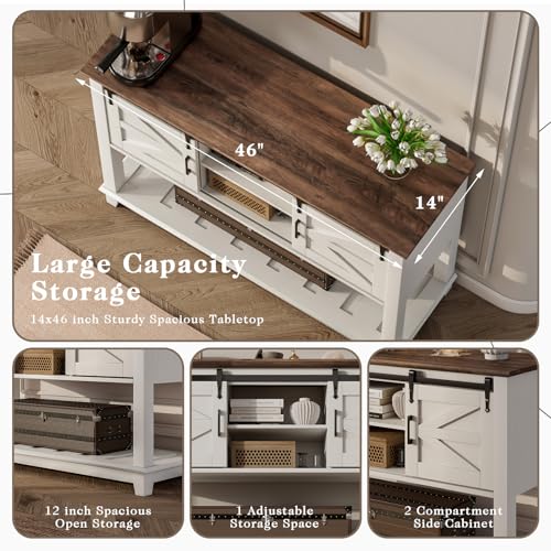LUXOAK Farmhouse Entryway Table with Sliding Barn Doors, 46" Sofa Table for Living Room, Console Table with Storage Hallway Entrance Table, Antique White LUXOAK