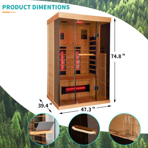 SWHSE 1-2 Person Infrared Sauna 15 Minutes Pre-Warm up Far Infrared Sauna for Home with 7 Colors Chromo Therapy Lighting and Full View Tempered Glass,2-in-1 Towel Holder SWHSE