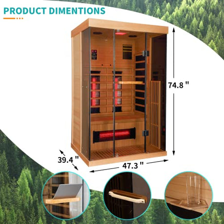 SWHSE 1-2 Person Infrared Sauna 15 Minutes Pre-Warm up Far Infrared Sauna for Home with 7 Colors Chromo Therapy Lighting and Full View Tempered Glass,2-in-1 Towel Holder SWHSE