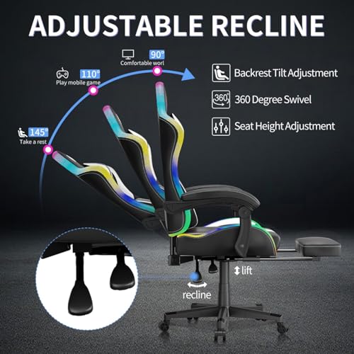 Gaming Chairs for Adults Tall and Kids，Lumbar Support,LED Lights，High Back Reclining Computer Chair with Headrest (Black+White) OHFILA