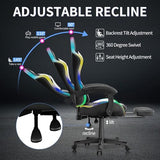 Gaming Chairs for Adults Tall and Kids，Lumbar Support,LED Lights，High Back Reclining Computer Chair with Headrest (Black+White) OHFILA