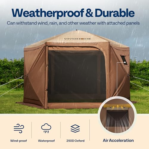 VIVOHOME 10x10ft Pop-Up Gazebo Screen Tent, 6-Sided Instant Outdoor Canopy Shelter with Large Main Door, Wind Panels, and Screens for Outdoor Parties, Camping, Lawn and Backyard VIVOHOME