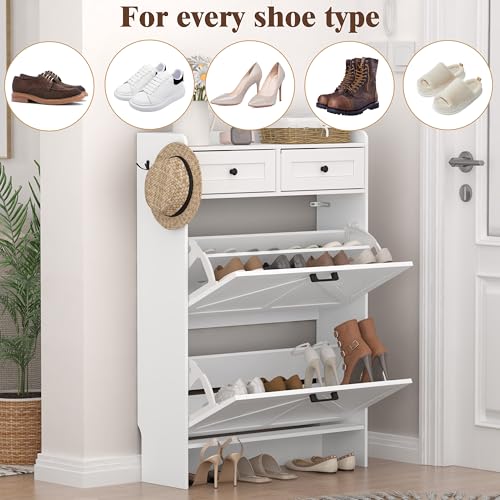 Thacuok Shoe Cabinet with 2 Flip Drawers & 2 Storage Drawers, Rustic Farmhouse Narrow Shoe Organizer Cabinet, Slim Shoe Rack Cabinet, Shoe Storage Cabinet for Entryway, Hallway, Front Door Thacuok