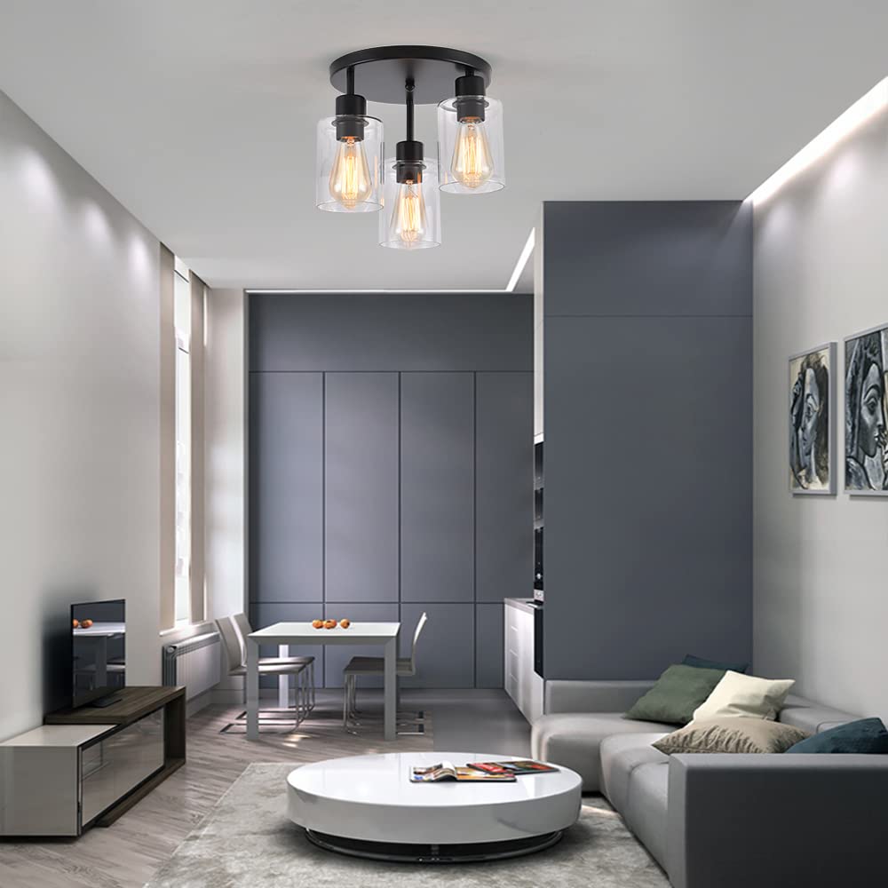 IHENGYANLT 3-Light Industrial Farmhouse Black Matte Light Fixtures Ceiling Mount, with Clear Glass Shades Semi Flush Mount Ceiling Light, for Hallway Fixtures Kitchen, Foyer IHENGYANLT