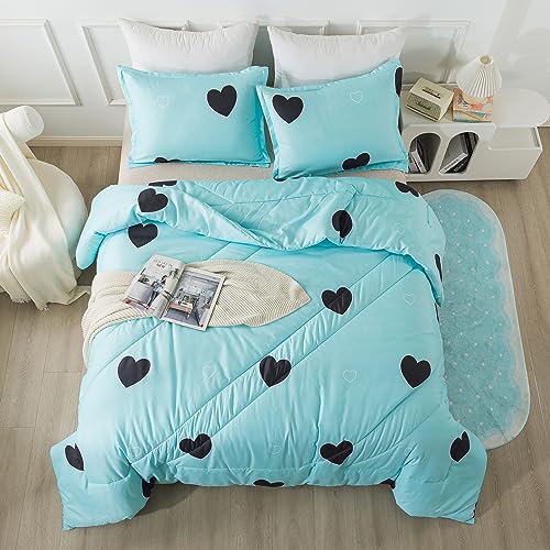 Caressma Comforter Set Twin Size - Light Blue Cute Heart Print Comforter Bedding Set, Soft Microfiber Comforter Set with Pillowsham Caressma