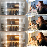 FUSOU Vanity Desk with Power Outlet, 11 Drawers Makeup Vanity with Lighted Mirror, 3 Colors Adjustable, Glass Top Vanity with Chair, 4 Shelves and Fold-up Panel, Dressing Table for Bedroom, White FUSOU