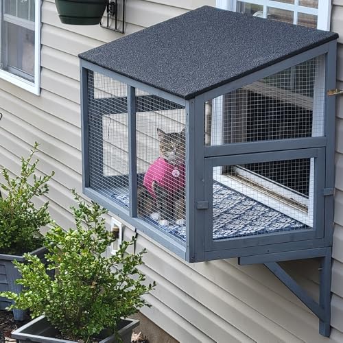 beeNbkks Cat Catio, Window Box Enclosure for Indoor Cats, Wooden Window Perch House, Expandable for Multi Kittens, Secure Comfortable Outdoor Haven for Pets, All Weather Use, Nature Friendly Design beeNbkks