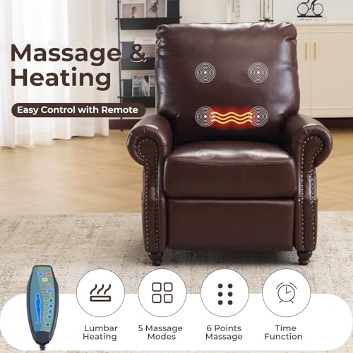 Push Back Recliner Chair with Massage and Heat, Breathable Leather Recliner Chair with Overstuffed Backrest, Pushback Chair with Rivet Decoration, Single Sofa Accent Chair for Living Room, Brown