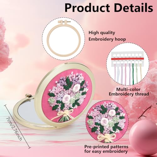 WEBEEDY DIY Foldable Mirror Set Mini Bouquet Makeup Mirror Needlework for Beginners,Hand Sewing Cross Stitch Kit with Stamped Pattern Cloth Embroidery Hoop Thread,Women Mirrors Crafts Gift