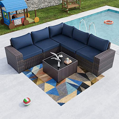 Kullavik Outdoor Patio Furniture Set 6 Pieces Sectional Rattan Sofa Set Brown PE Rattan Wicker Patio Conversation Set with 5 Navy Blue Seat Cushions and 1 Tempered Glass Table Kullavik